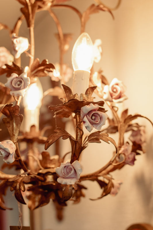 Vintage French Tole Chandelier | Pink Roses