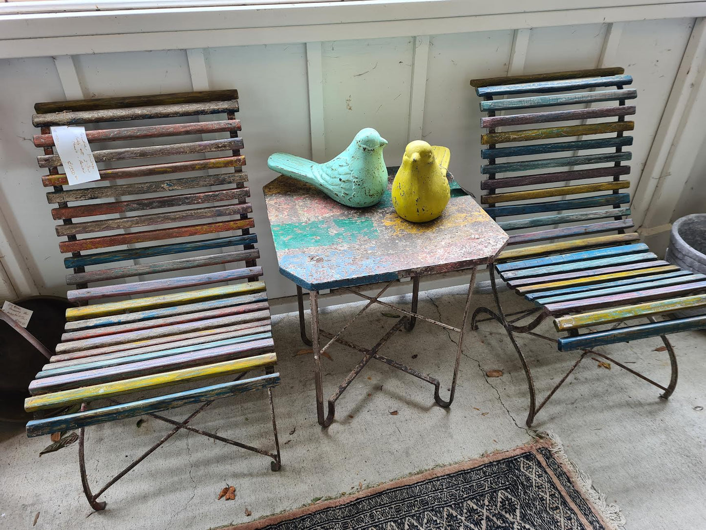 Outdoor Wooden Set | Metal Table & Two Slat Chairs